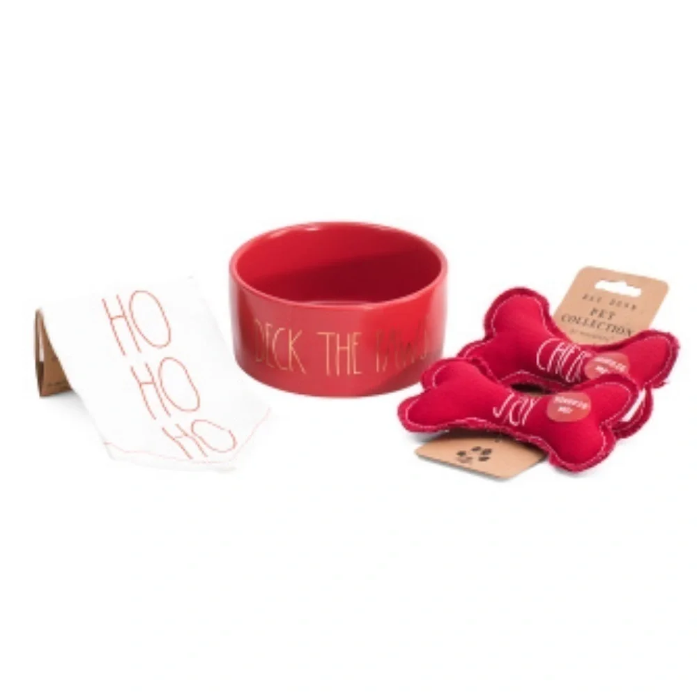 Rae Dunn • Bandana Pet Bowl & Squeeze Toys